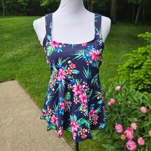 Lands' End Tankini Top Blue Floral Flutter Empire Waist Comfort Strap sz Medium